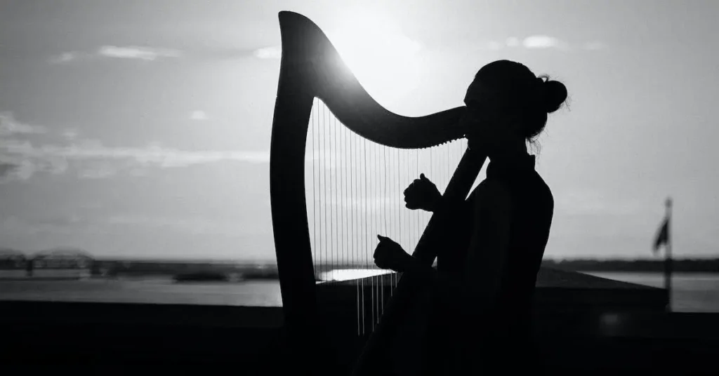 Music Drawing Ideas: Inspiring Concepts And Step-By-Step Tutorials for Artistic Expression 2024 8 woman playing harp as music drawing ideas